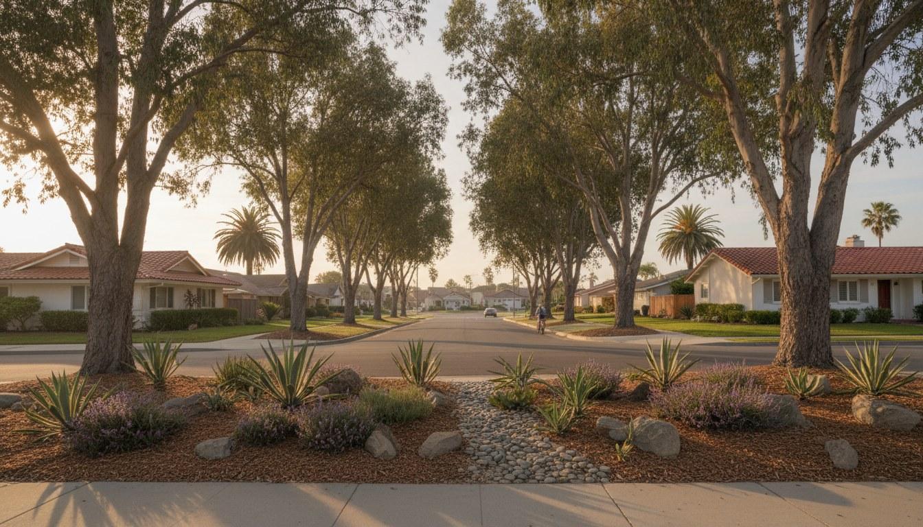 Residential street with ranch-style homes in Goleta CA neighborhood