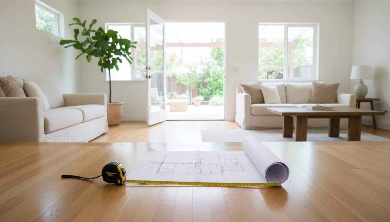 Interior of Goleta CA home with floor plan printout during buyer walkthrough