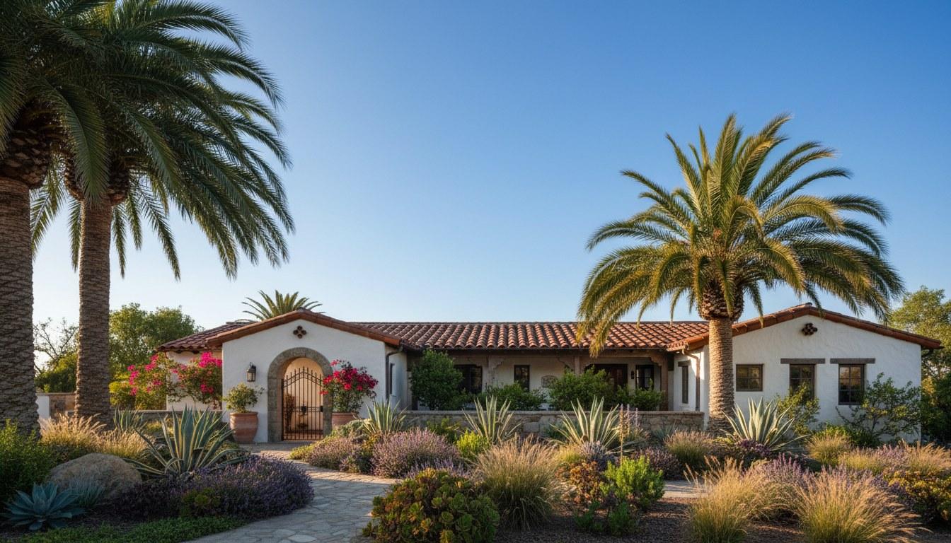 Spanish Colonial home exterior in Santa Barbara CA with red tile roof and palm trees
