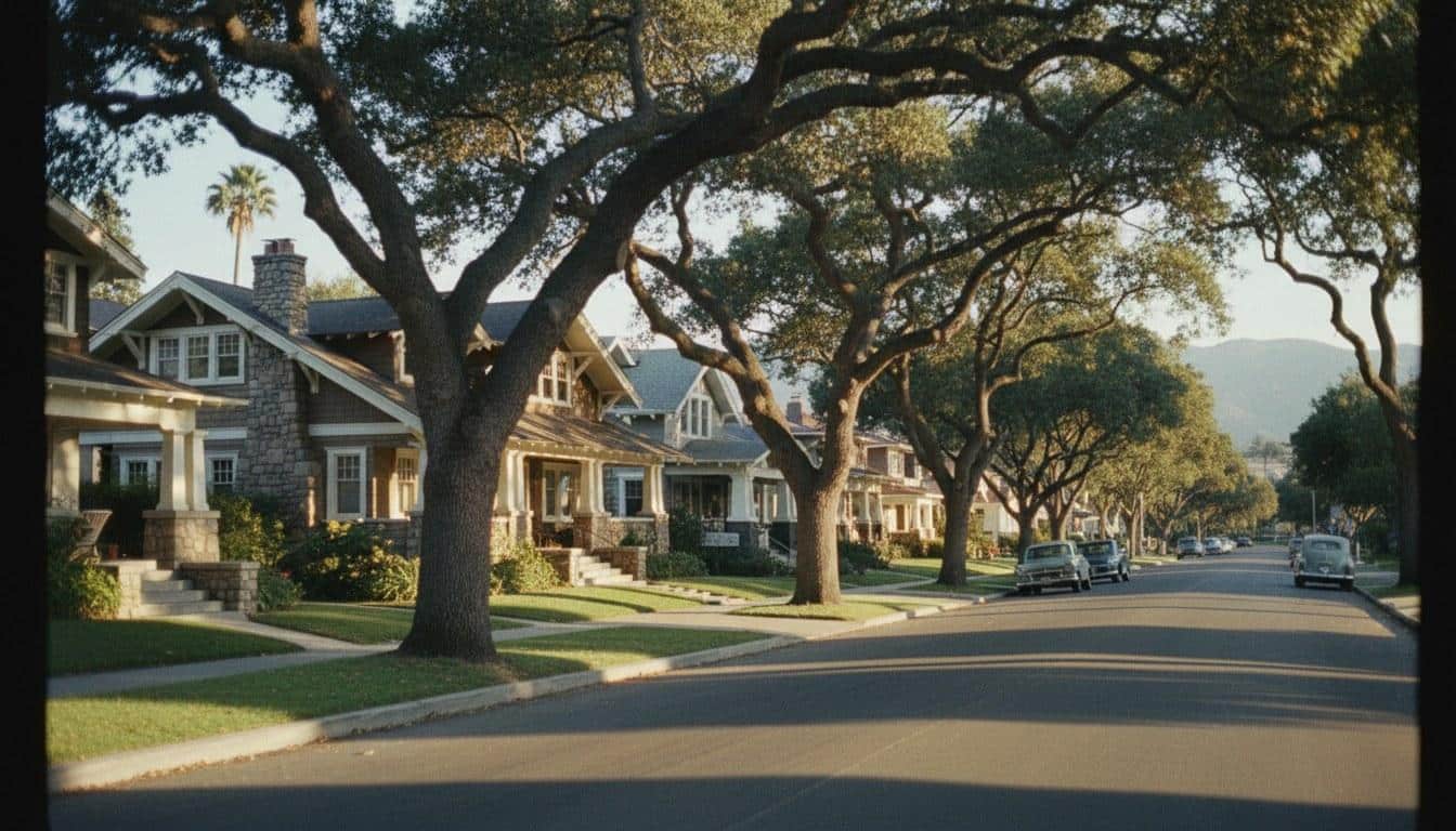 Craftsman bungalows on a quiet Santa Barbara CA residential street with oak trees