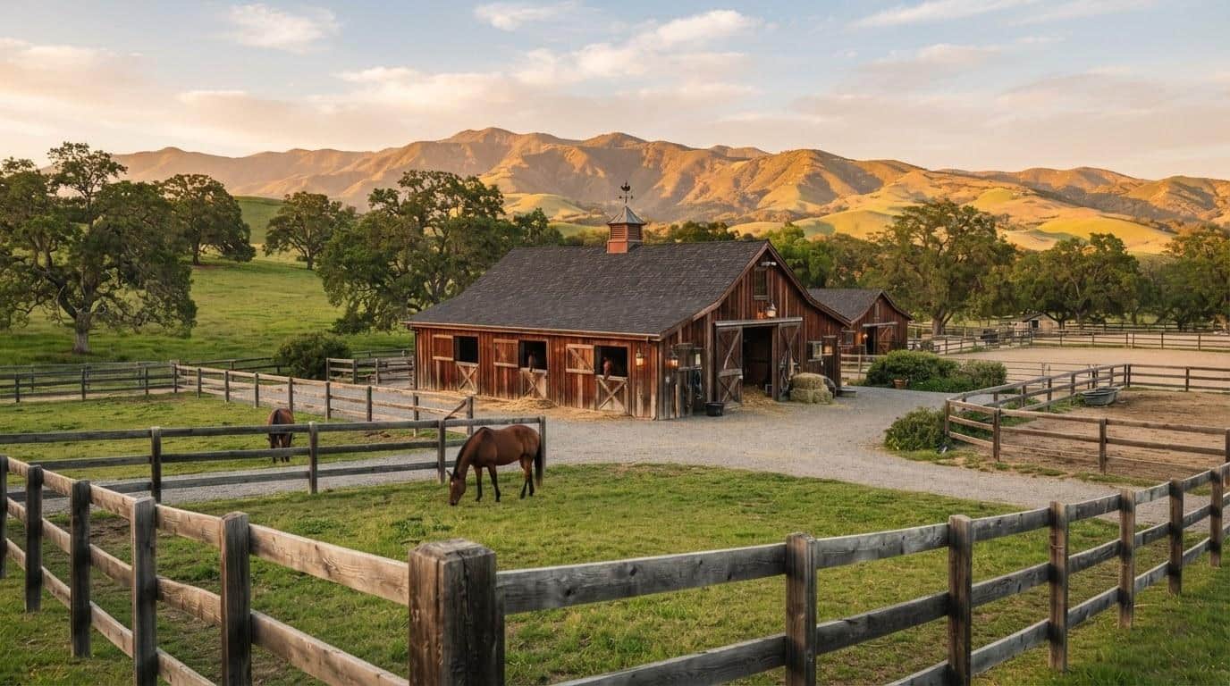 Wooden barn and fenced pasture on an equestrian property in the Santa Ynez Valley, CA
