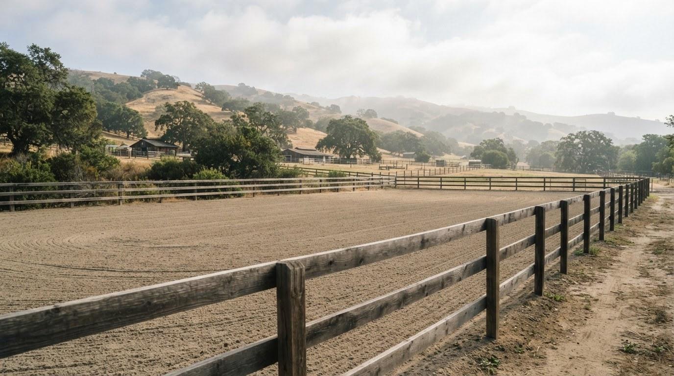 Outdoor riding arena with sand footing and oak trees at a Santa Ynez Valley equestrian property