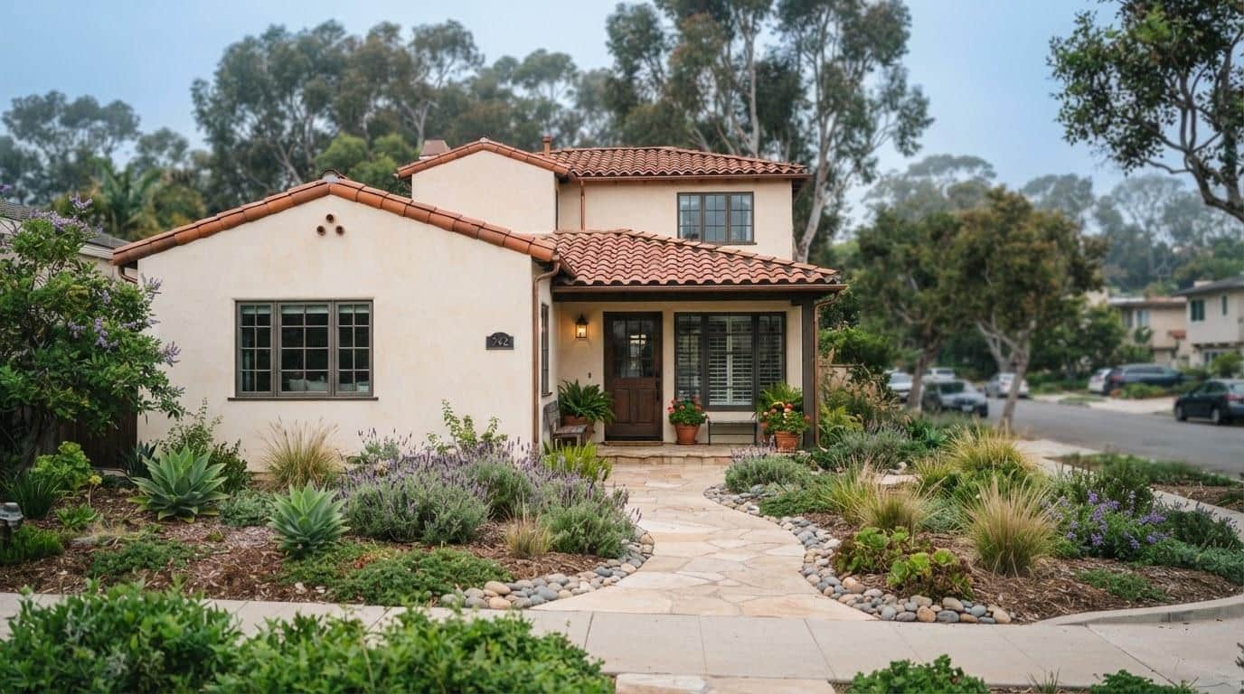 Single-family home exterior in Goleta CA with drought-tolerant landscaping and coastal neighborhood streetscape