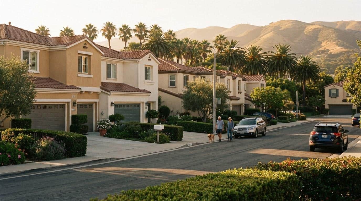 Goleta CA townhome neighborhood streetscape with palm trees and coastal hills in the background